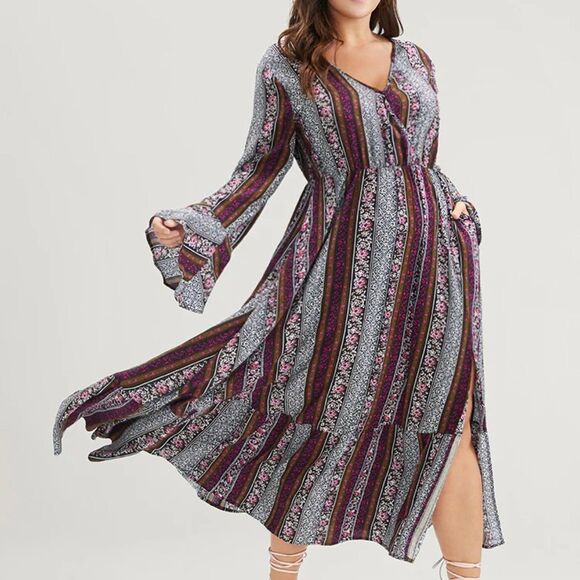 BloomChic Dress Plus Size 1X 14 16 Black white Stripe Short Sleeve V Neck Pocket - Picture 1 of 16